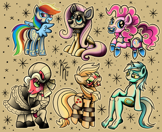 A tattoo-style illustration sheet featuring five cartoon pony characters on a tan background with black starbursts. The characters include a rainbow-colored pony, a gray cat-like pony, a pink pony, a pale teal pony in a dress, and a blonde pony with red markings.