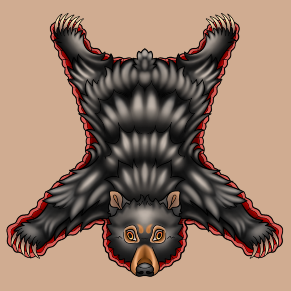 A stylized graphic illustration of a black bear laid flat, with outstretched paws and claws, on a solid tan background. The bear is rendered in dark gray and black tones with a red outline around the edges, and a small brown snout and nose.