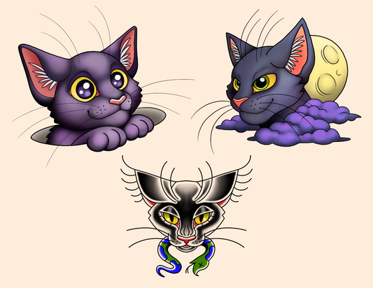 Three cartoon cat illustrations on a light beige background: one purple cat peeking from a hole, one dark gray cat with purple clouds and a yellow moon behind it, and one stylized black-and-white cat with yellow eyes and blue-green accents.