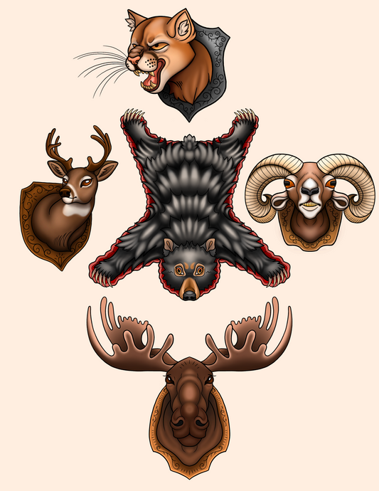 A set of five traditional tattoo flash designs featuring animal heads and bodies: a cougar, a deer, a bear, a ram, and a moose, all rendered in a classic tattoo style with black outlines, brown and gray fills, and red accents, set against a solid pale beige background.