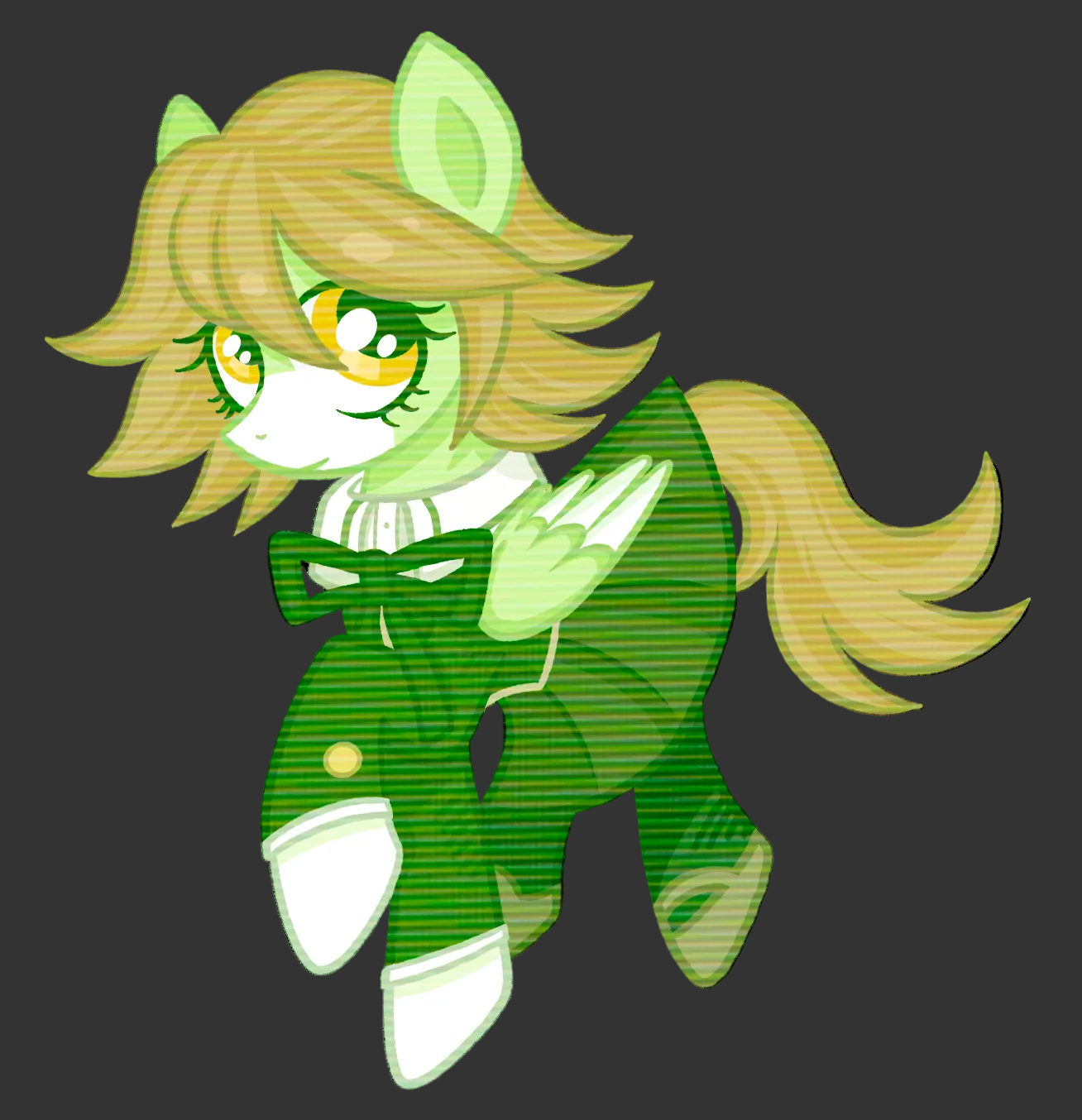 A stylized cartoon pony character with light green skin, blonde hair, and yellow eyes, wearing a dark green formal outfit with white accents, shown on a plain white background.