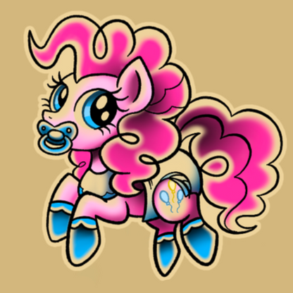 A cartoon-style illustration of a pink pony with a curly mane and tail, blue hooves, and a pacifier on its mouth, set against a solid tan background.