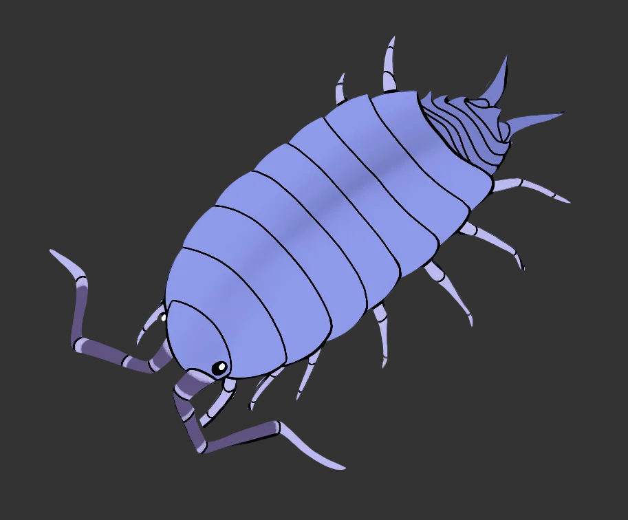 A stylized blue and purple illustration of an isopod or woodlice on a plain white background.