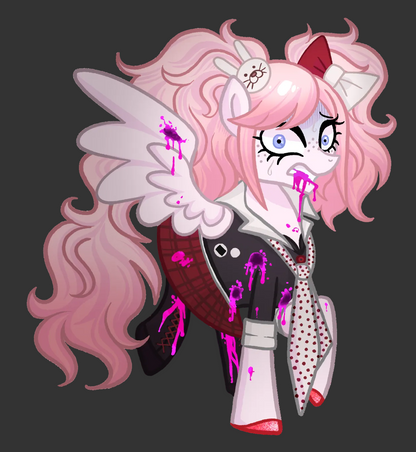 A stylized cartoon pony character with pink hair, white wings, and a schoolgirl outfit, shown with bright pink slime or blood-like splatter across her hair, jacket, tie, and legs on a plain white background.