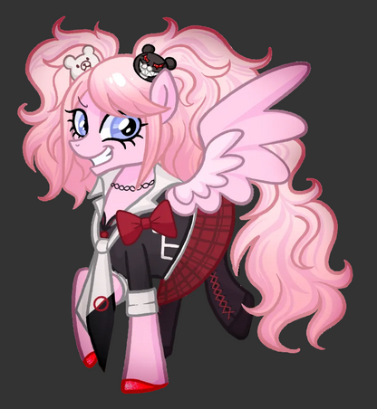 A chibi-style cartoon pony character with long pink hair, pink wings, blue eyes, and a schoolgirl outfit with a red bow, black jacket, and plaid skirt, isolated on a black background.