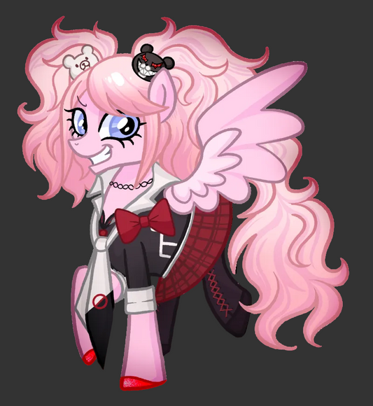 A chibi-style cartoon pony character with long pink hair, pink wings, blue eyes, and a schoolgirl outfit with a red bow, black jacket, and plaid skirt, isolated on a black background.