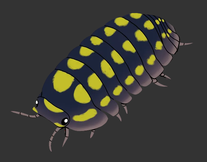 A cartoon-style illustration of a dark blue-gray segmented creature with bright yellow spots, shown on a plain white background.
