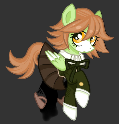 A stylized cartoon pony character with light green skin, large orange eyes, and brown hair, wearing a dark brown and olive green outfit with a white collar and bow, shown on a plain white background.