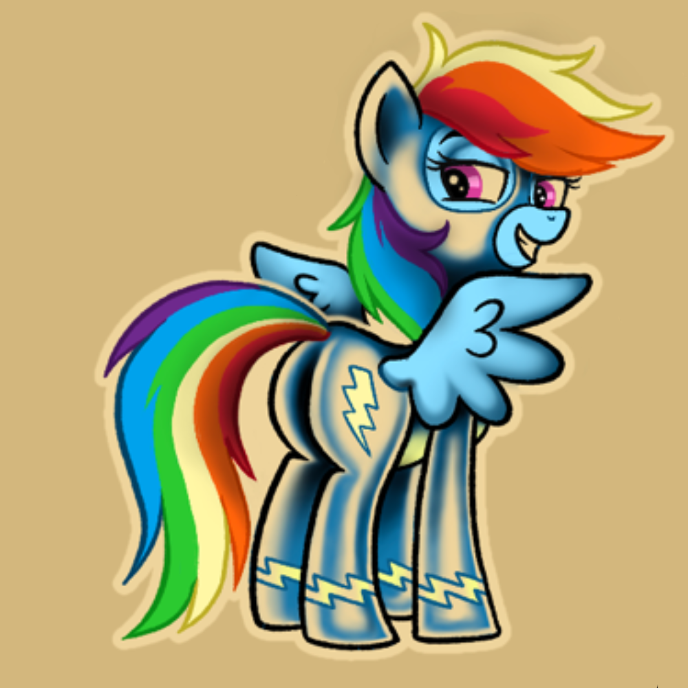 A cartoon-style sticker or decal of a blue pony with rainbow hair and lightning bolt markings, shown on a plain tan background.
