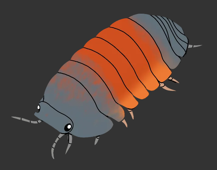 A stylized cartoon illustration of a crustacean or millipede-like creature with a gray head and legs and orange-red segmented body bands, shown on a plain white background.