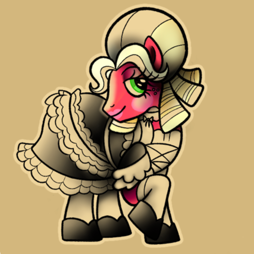 A stylized cartoon pony character wearing a large cream-colored bonnet and a dark dress, shown against a solid tan background.