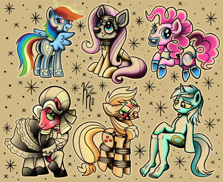 A tattoo-style illustration sheet featuring five cartoon pony characters on a tan background with black starbursts. The characters include a rainbow-colored pony, a gray cat-like pony, a pink pony, a pale teal pony in a dress, and a blonde pony with red markings.