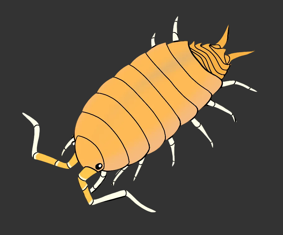 A cartoon-style illustration of an isopod or woodlice insect, shown in orange and yellow tones with white legs, isolated on a plain white background.