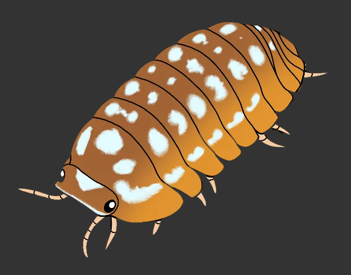 A cartoon-style illustration of a brown and orange segmented insect-like creature with white spots, shown on a plain white background.