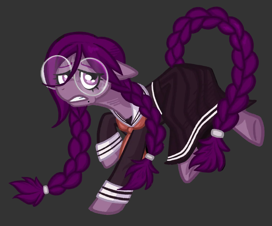 A digital illustration of a purple pony character with long braided hair, wearing a dark school uniform with white stripes and a small orange bow, shown on a plain white background.