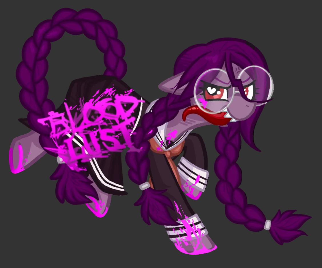 A digital illustration of a stylized pony character with long dark purple braids, wearing a black and white sailor-style top and skirt, with pink spray-paint style text reading 'Blood Lust' on the side, set against a plain white background.