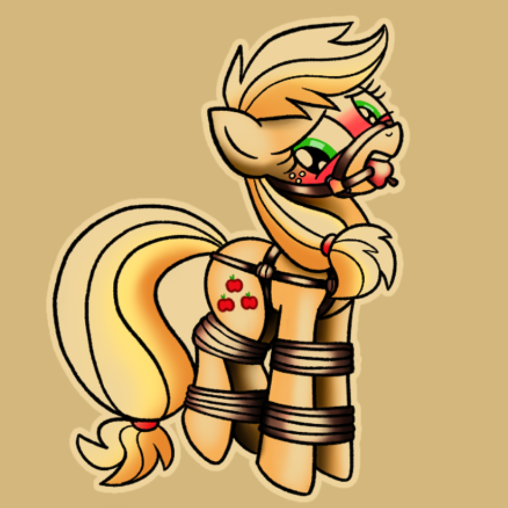 A stylized cartoon pony illustration on a tan background, showing a blonde pony bound with dark straps and wearing a red-and-green face covering, with small red apple motifs on the flank.