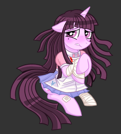 A stylized cartoon pony character with long dark purple hair, pink skin, and a horn, shown sitting with bandages on her arms and legs against a plain white background.