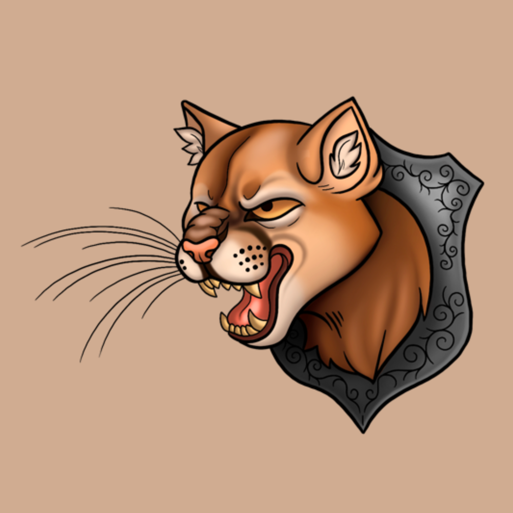 A stylized illustration of a roaring mountain lion or cougar head on a decorative dark gray shield-like background, set against a plain warm beige backdrop.