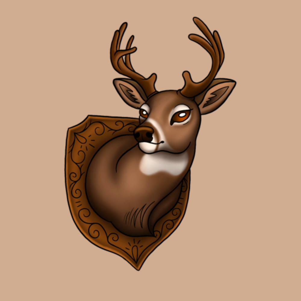 A stylized deer head with antlers mounted on a decorative brown shield, centered on a plain beige background.