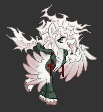 A stylized digital illustration of a white winged character wearing a dark green hooded jacket with red drawstrings and a red cross emblem on the chest, shown on a plain white background.