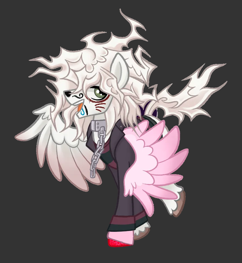 A stylized chibi anime character illustration of a white wolf-like girl with large wings, a dark coat, and pink accents, shown on a plain white background.