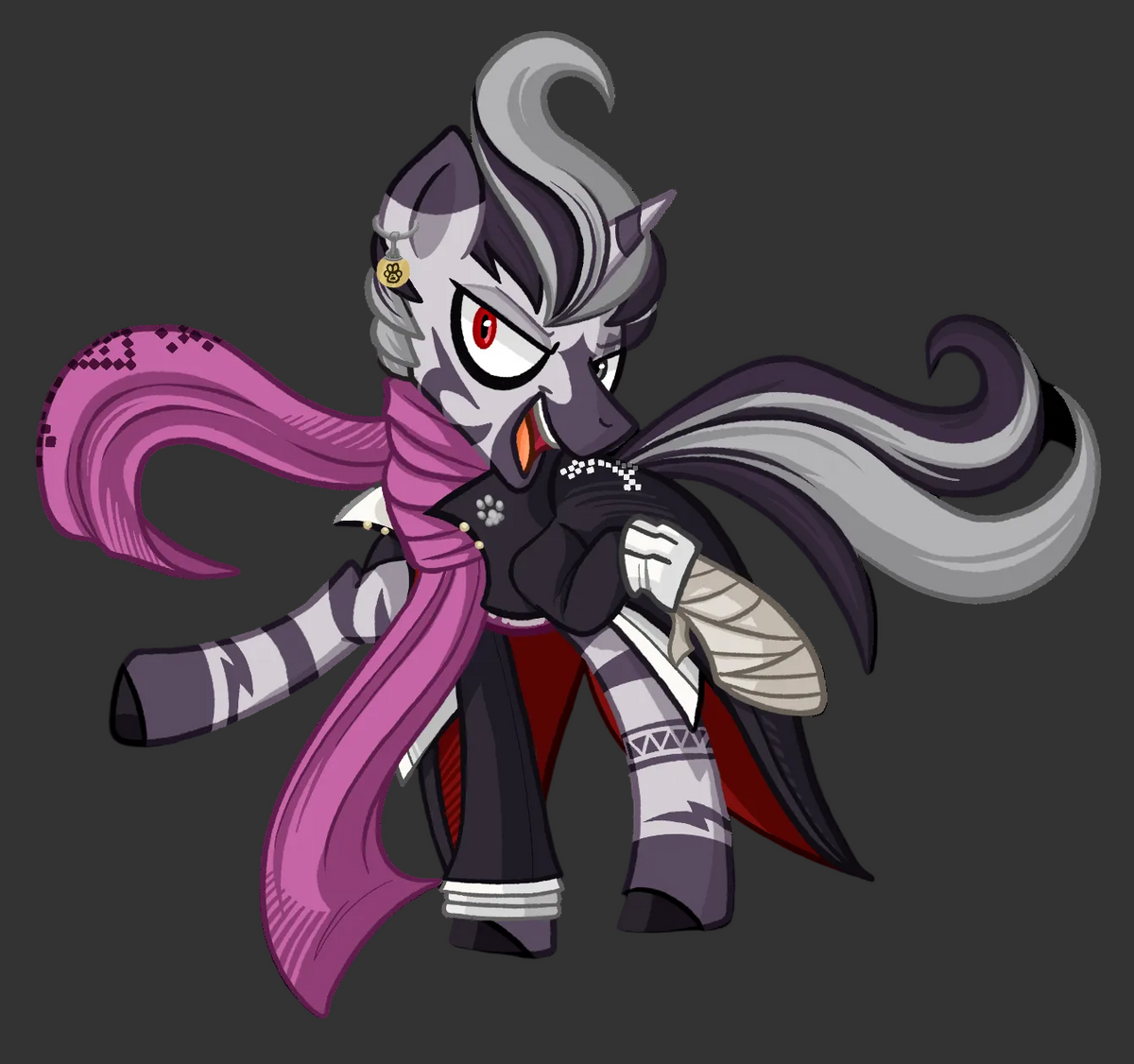 A stylized cartoon pony character with gray and black fur, red eyes, a pink scarf, and a dark cape, shown on a plain white background.