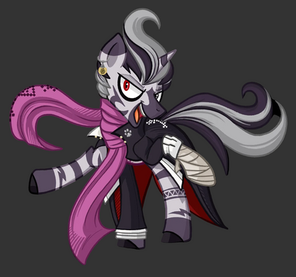 A stylized cartoon pony character with gray and black fur, red eyes, a pink scarf, and a dark cape, shown on a plain white background.