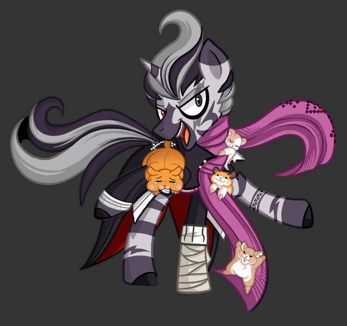 A stylized cartoon pony character with gray and black hair, a dark cape, and a bright pink scarf carrying three small orange-and-white cats, shown on a plain white background.