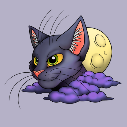 A stylized cartoon illustration of a dark gray cat with yellow-green eyes, pink inner ears, and a small pink nose, emerging from purple clouds with a yellow moon behind it on a light lavender background.