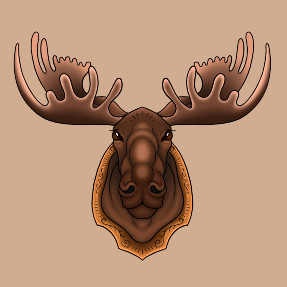 A stylized moose head with large antlers mounted on a tan background, rendered in brown and orange tones with a decorative shield-like border.