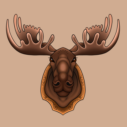 A stylized moose head with large antlers mounted on a tan background, rendered in brown and orange tones with a decorative shield-like border.