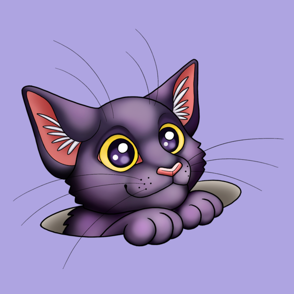 A cartoon-style illustration of a purple cat peeking out from behind a gray ledge, with large yellow eyes and pink inner ears, on a solid light purple background.