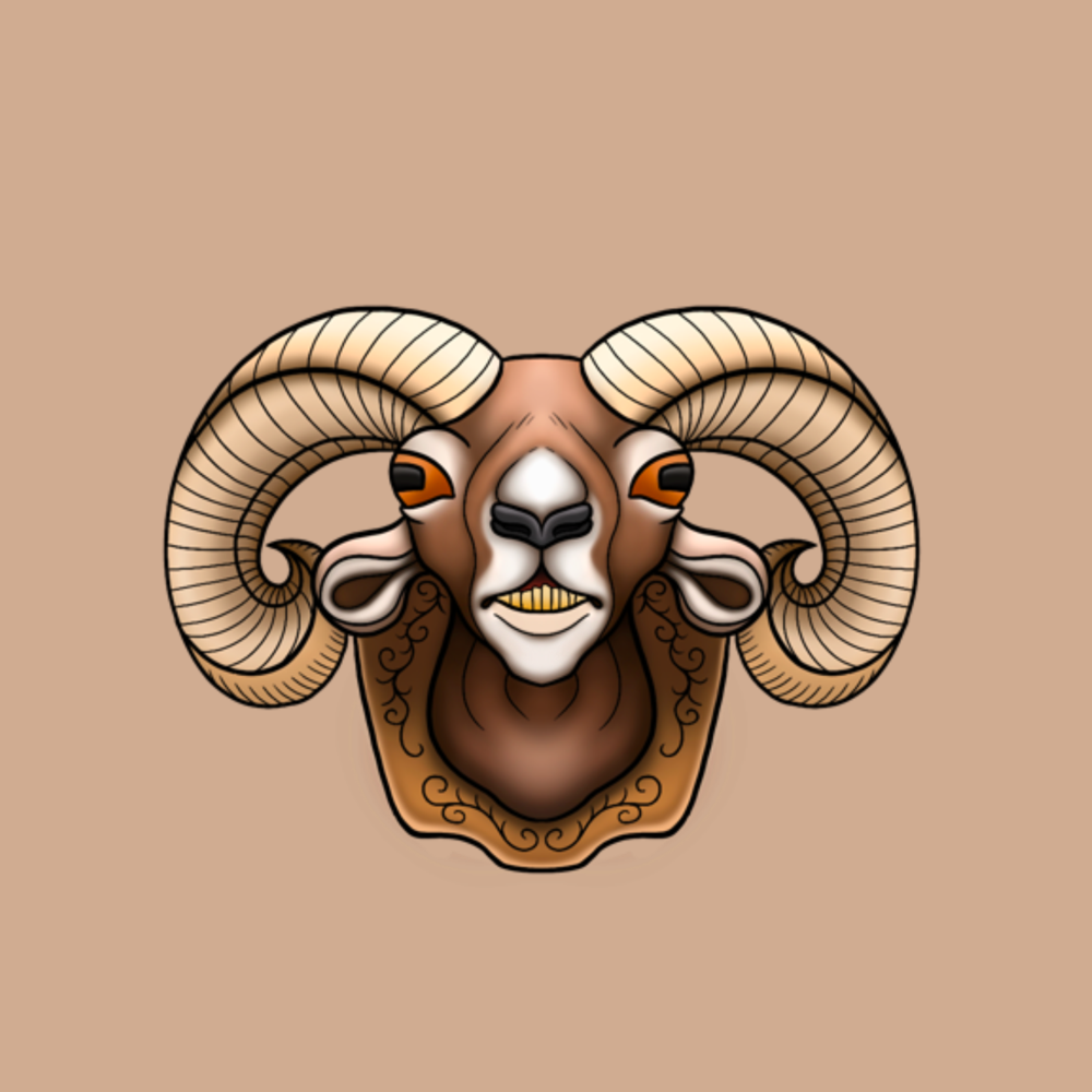 A stylized illustration of a ram's head with large curved horns, orange eyes, and a decorative brown mount, centered on a solid tan background.