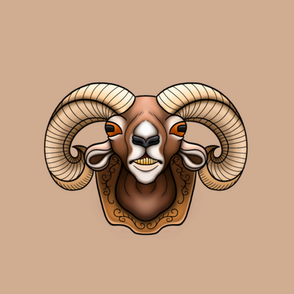 A stylized illustration of a ram's head with large curved horns, orange eyes, and a decorative brown mount, centered on a solid tan background.