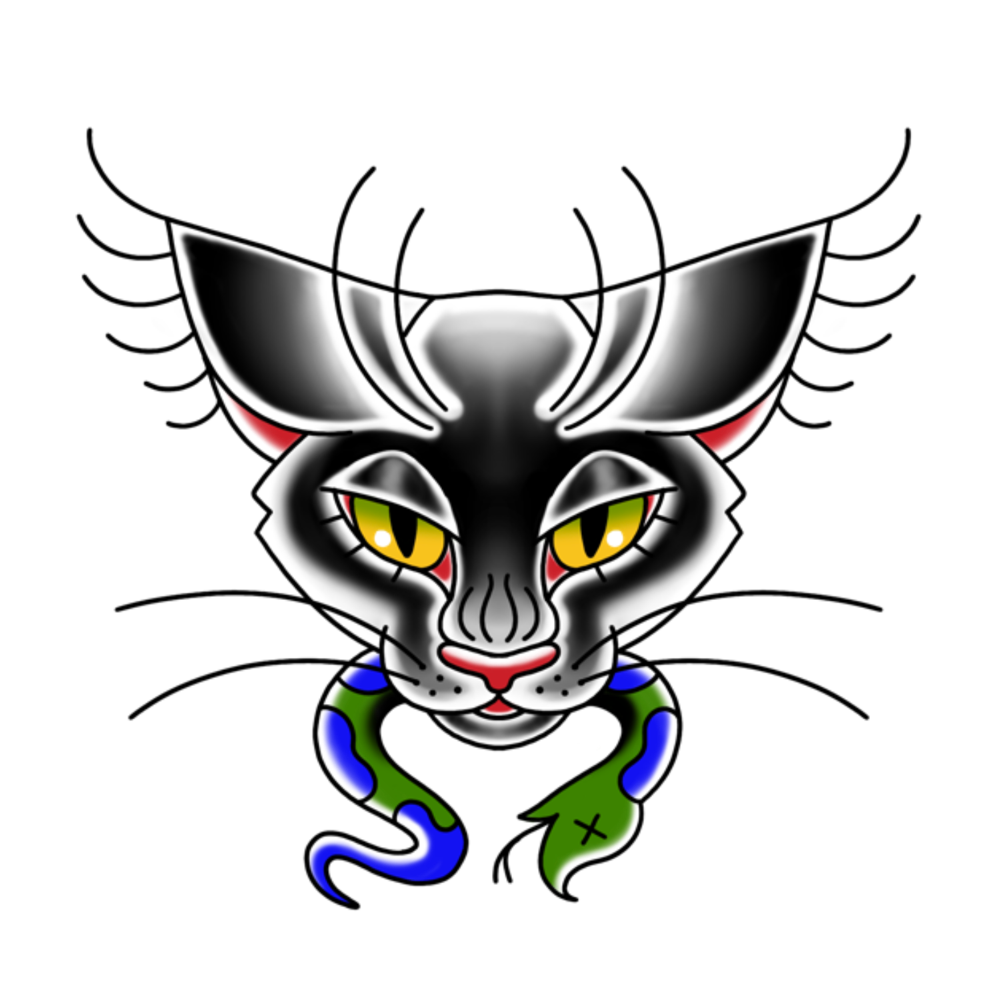 A stylized cartoon cat face with black, gray, white, and red shading, yellow eyes, and a green snake wrapped around its neck, shown on a plain white background.