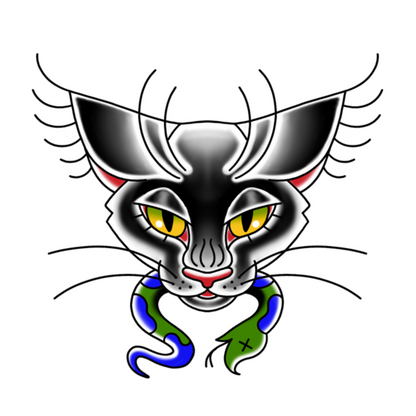 A stylized cartoon cat face with black, gray, white, and red shading, yellow eyes, and a green snake wrapped around its neck, shown on a plain white background.