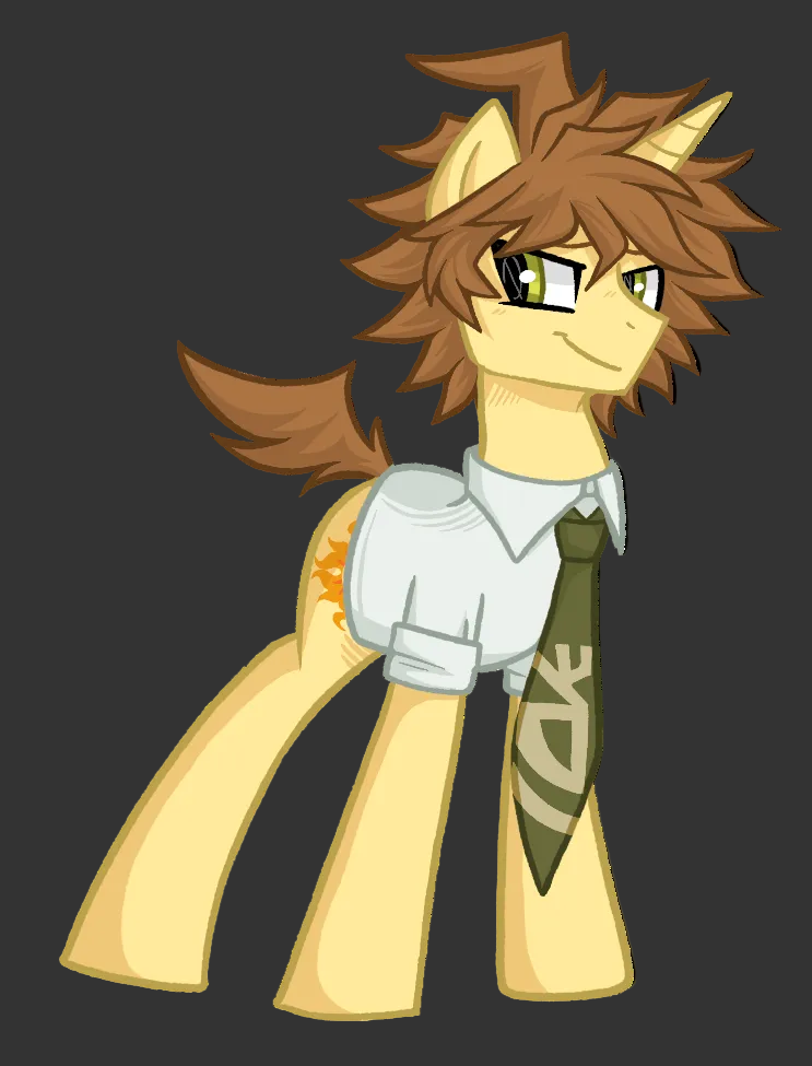 A cartoon pony character with brown hair and horns, wearing a white shirt, rolled-up sleeves, and a dark green tie with a deer head emblem, shown on a plain white background.