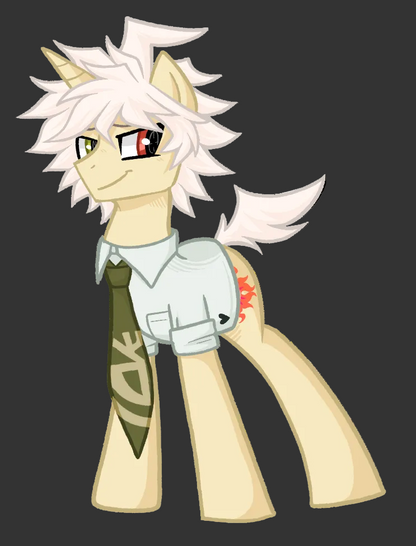 A stylized cartoon pony character with white hair, a cream body, a gold horn, and a red eye, wearing a white shirt, olive green tie, and a red-and-black starburst graphic on its flank, isolated on a black background.