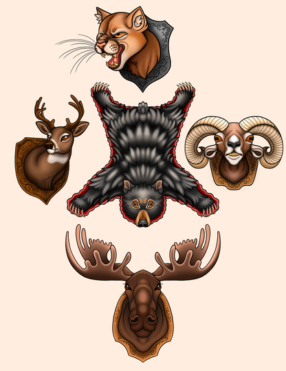 A set of five traditional tattoo flash designs featuring animal heads and bodies: a cougar, a deer, a bear, a ram, and a moose, all rendered in a classic tattoo style with black outlines, brown and gray fills, and red accents, set against a solid pale beige background.